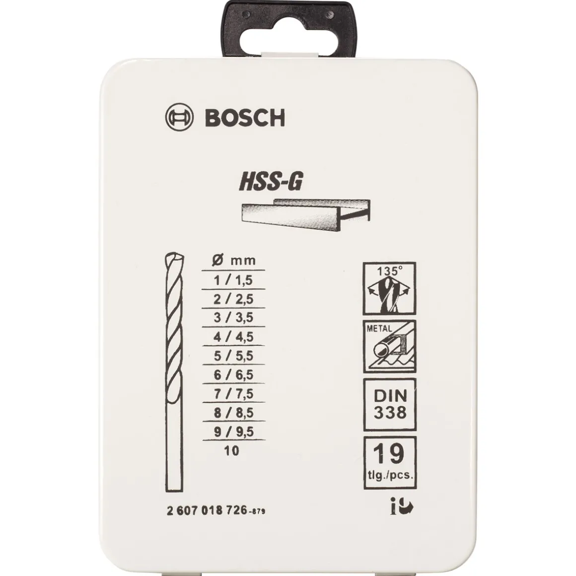 Bosch Professional19-teiliges Metallbohrer-Set HSS-G DIN 338 135 in Metallkassette 1–10 mm