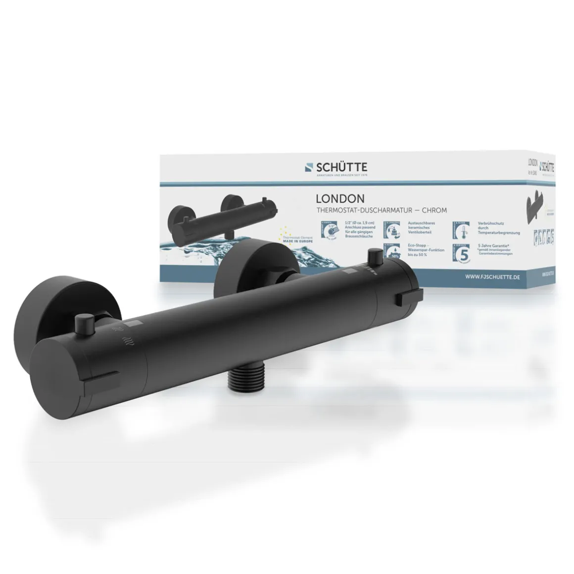 Duschthermostat London,schwarz-matt, 1/2Verbruehschutz und Wassersparfunktion