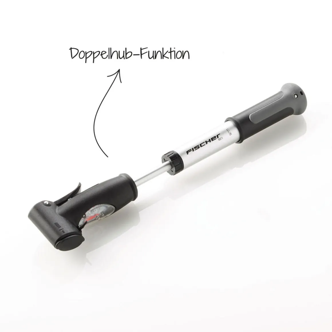Fischer Bikes Mini-Pumpe mit Doppelhub Duokopf silber