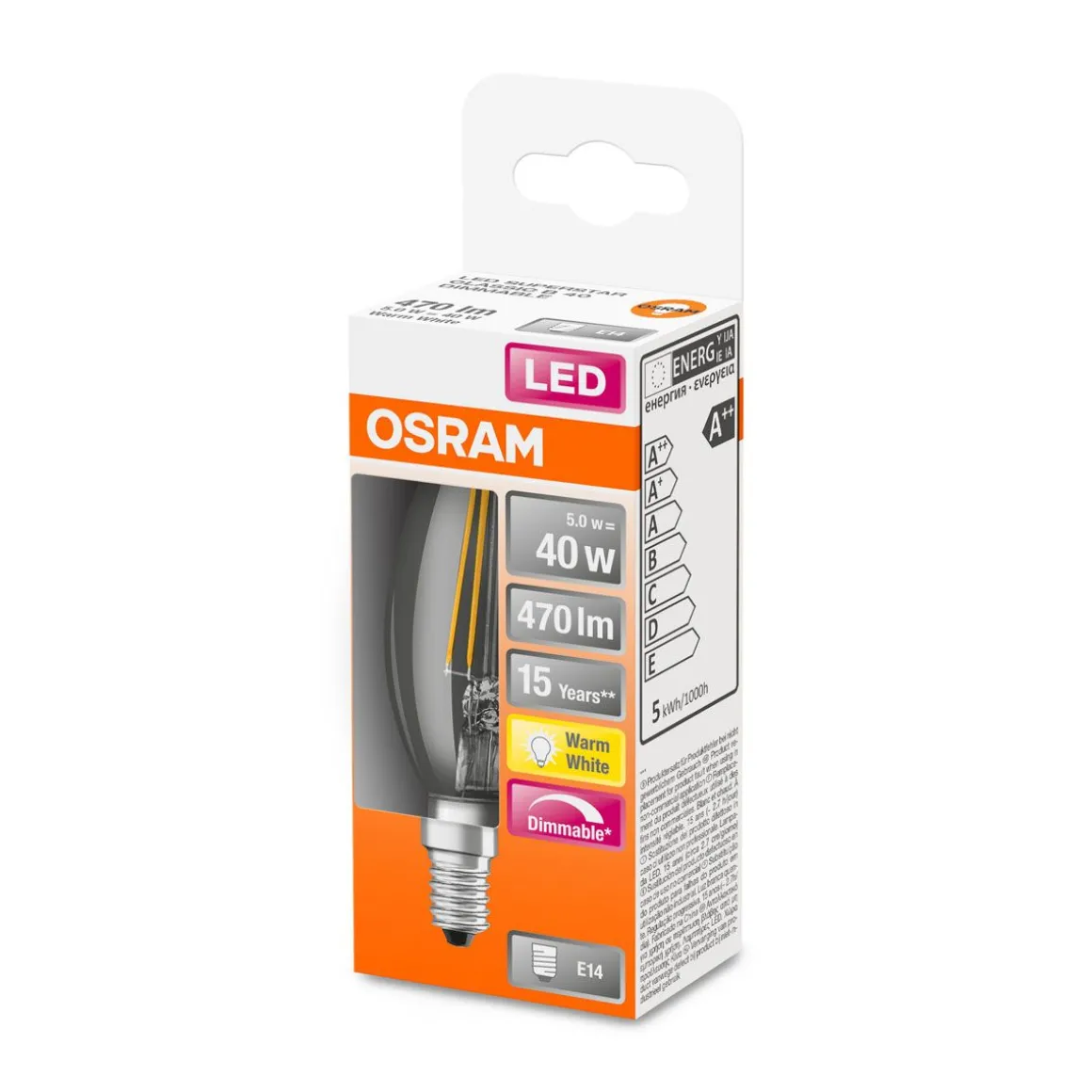 LED Kerze dim E14 470lm 2.700K 40 WErsatz warmweiss Filament klar