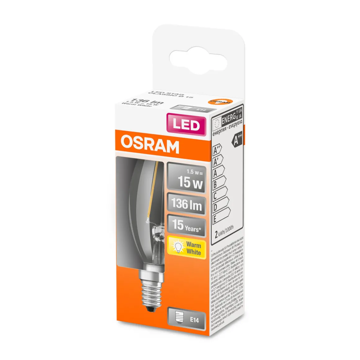 LED Kerze E14 136lm 2.700K 15 WErsatz warmweiss Filament klar