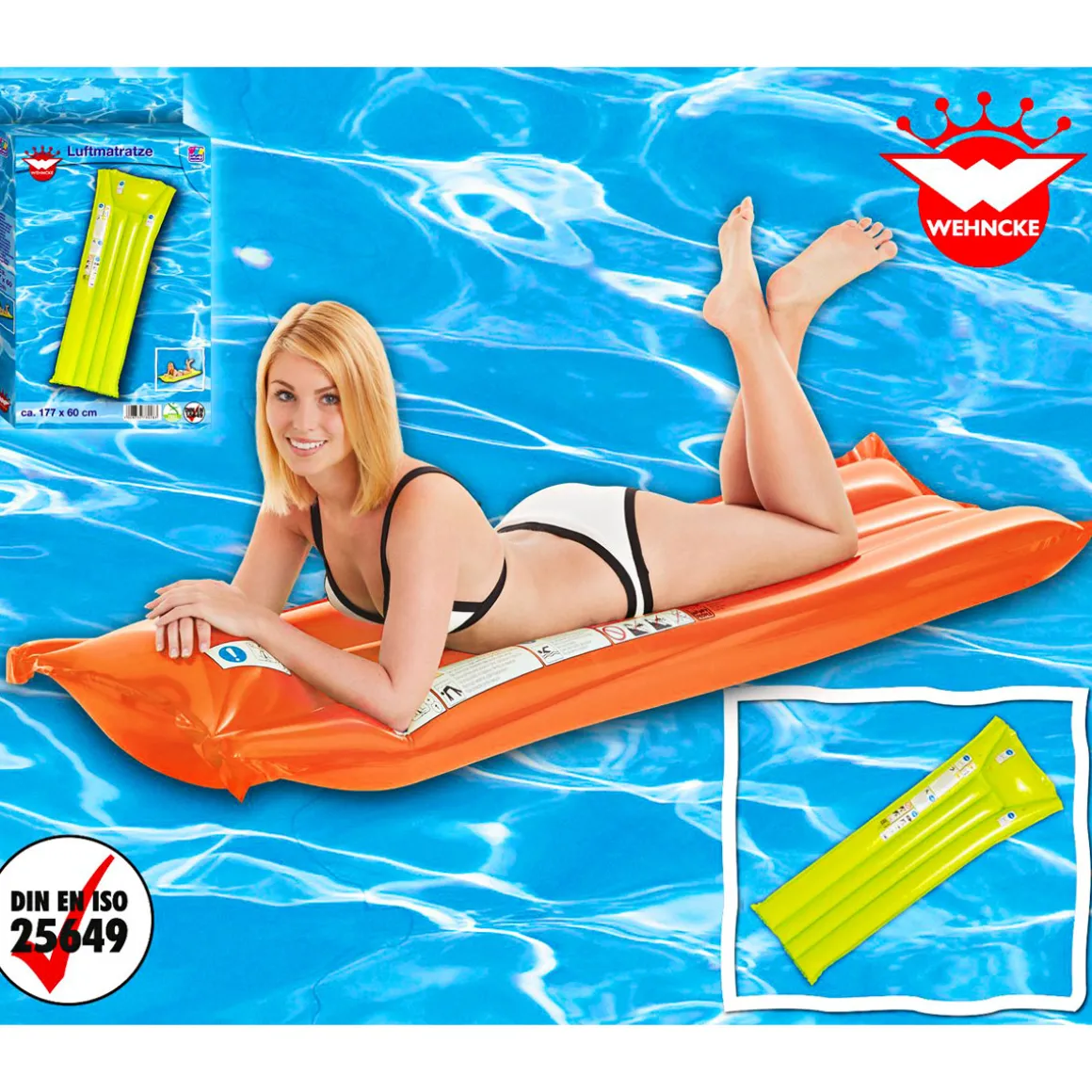 Luftmatratze 2 Luftkammern 177 x 60 cm sortiert orange oder grün