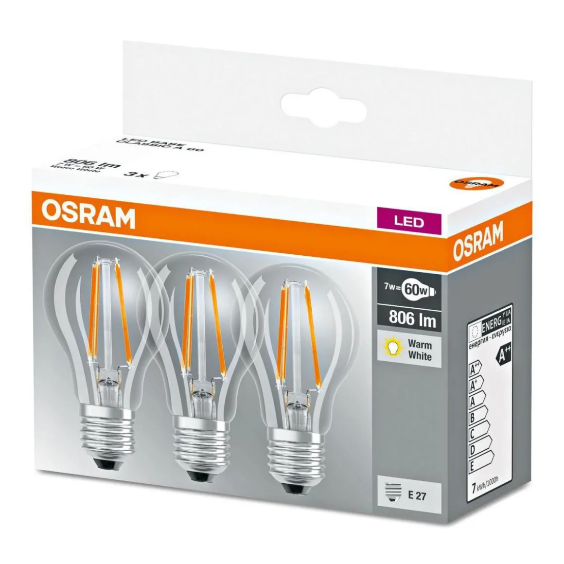 Osram LED-Leuchtmittel-Set Base Classic A 7W klar 3 Stück