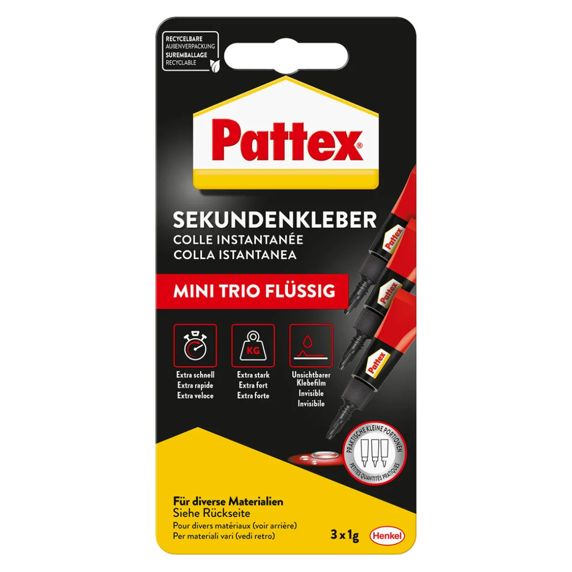 Pattex Sekundenkleber Flüssig Mini Trio 3 x 1 g