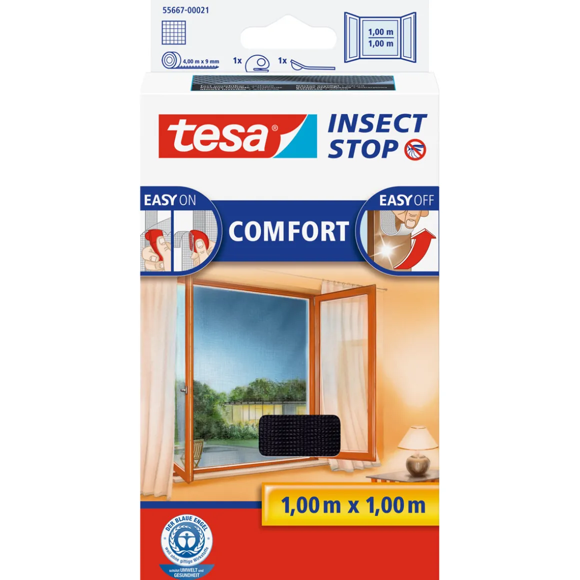 Tesa Fliegengitter Comfort 100 x 100 cm anthrazit für Fenster inkl Klettband