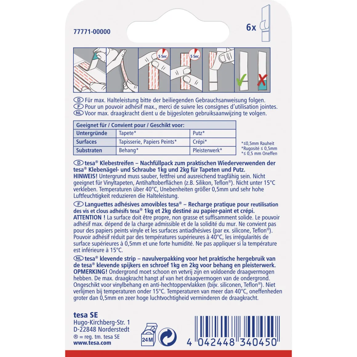 Tesa Klebestreifen für Tapete und Putz 6 Stück Traglast 6 x 1 kg