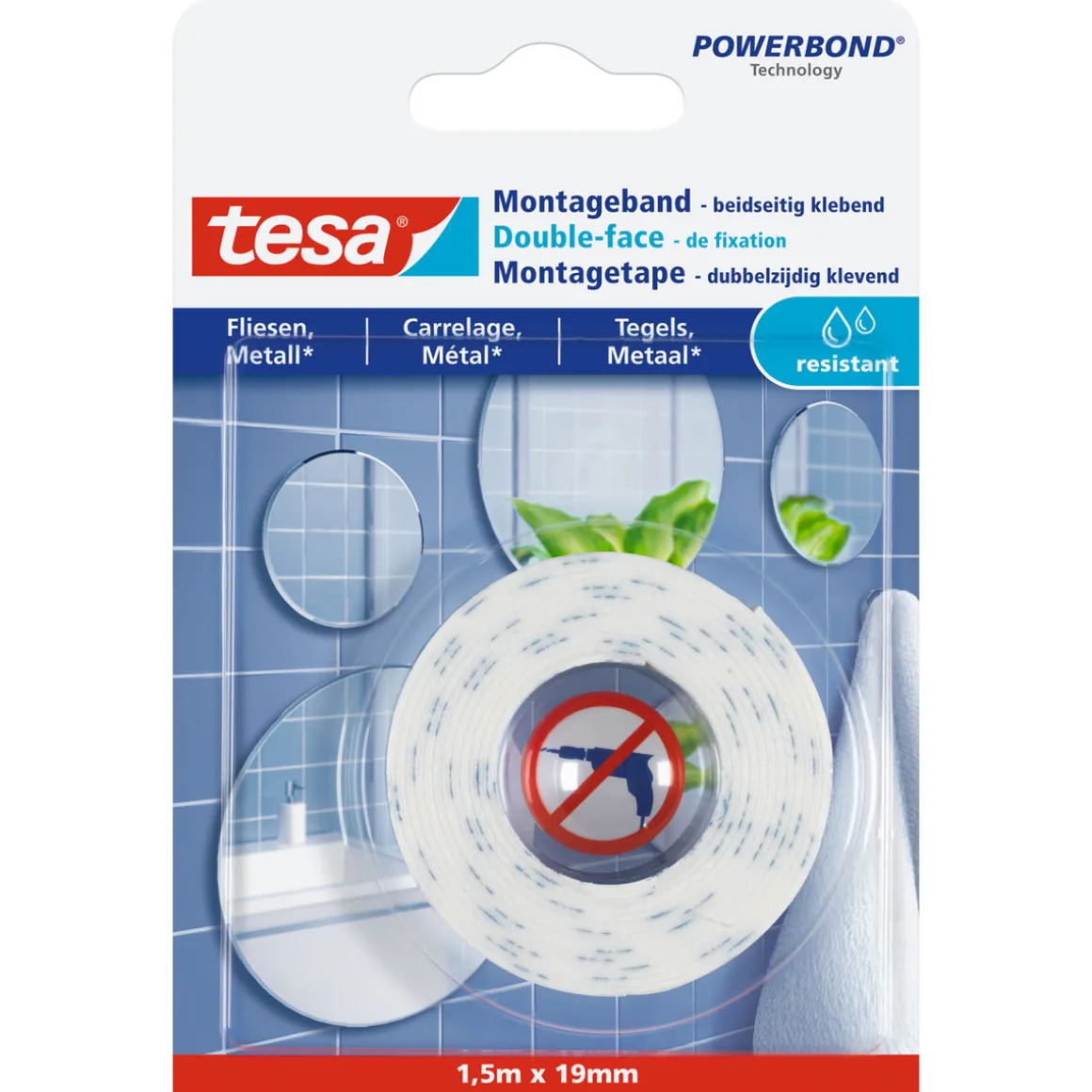 Tesa Montageband für Fliesen 1,5 m x 19 mm feuchtraumbeständig