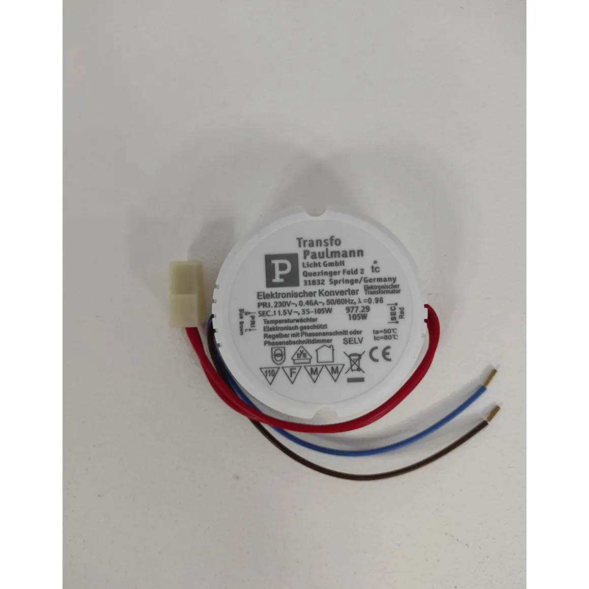 VDE Disc Elektronictrafo built-in 35-105W 230/12V 105VA weiss