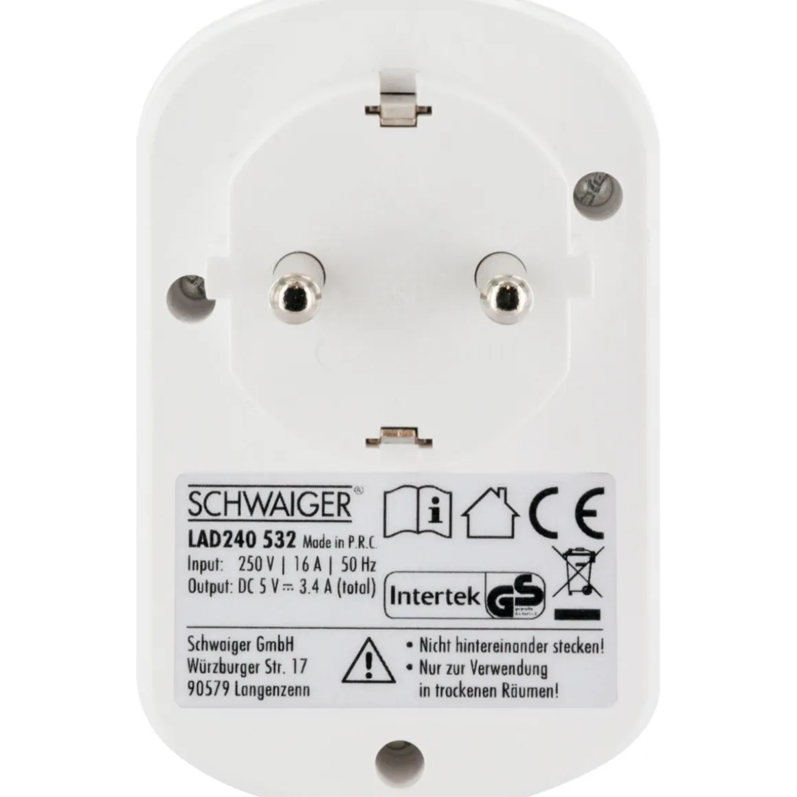 230V Ladeadapter m. Steckd. 2xUSB 3.4Aweiss