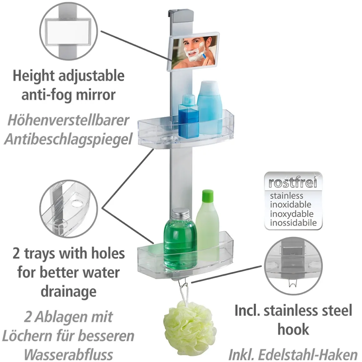 Wenko Duschcaddy Premium mit 2 Ablagen und Edelstahl-Haken