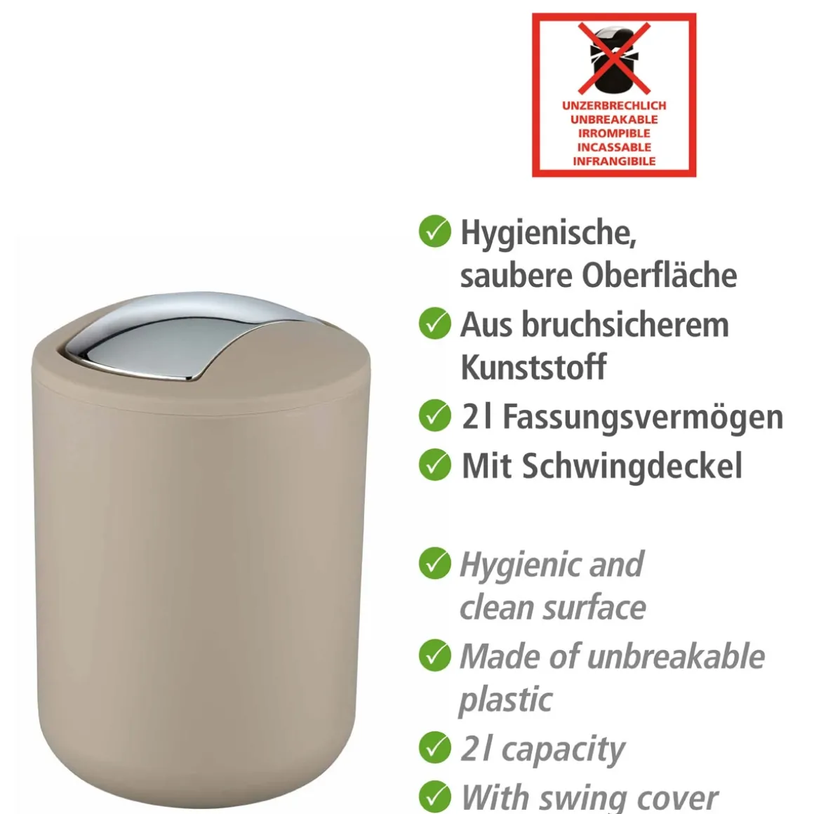 Wenko Schwingdeckeleimer Brasil S taupe 2 L