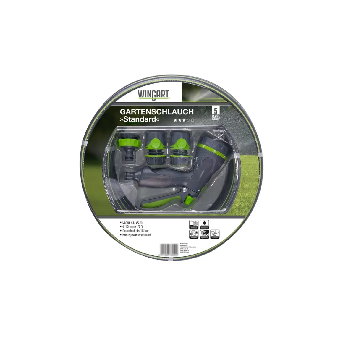 WingartGartenschlauch Standard grau mit grünen Streifen 1/2" 20 m mit Anschlüssen